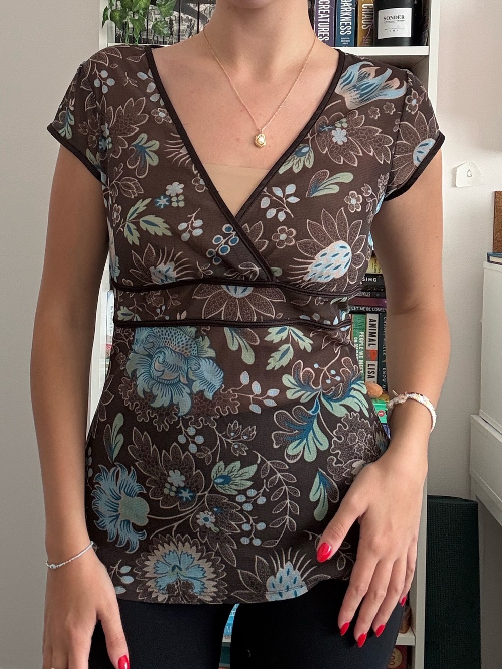 RW&CO. Brown Floral Wrap V-Neck Top with Blue Accents